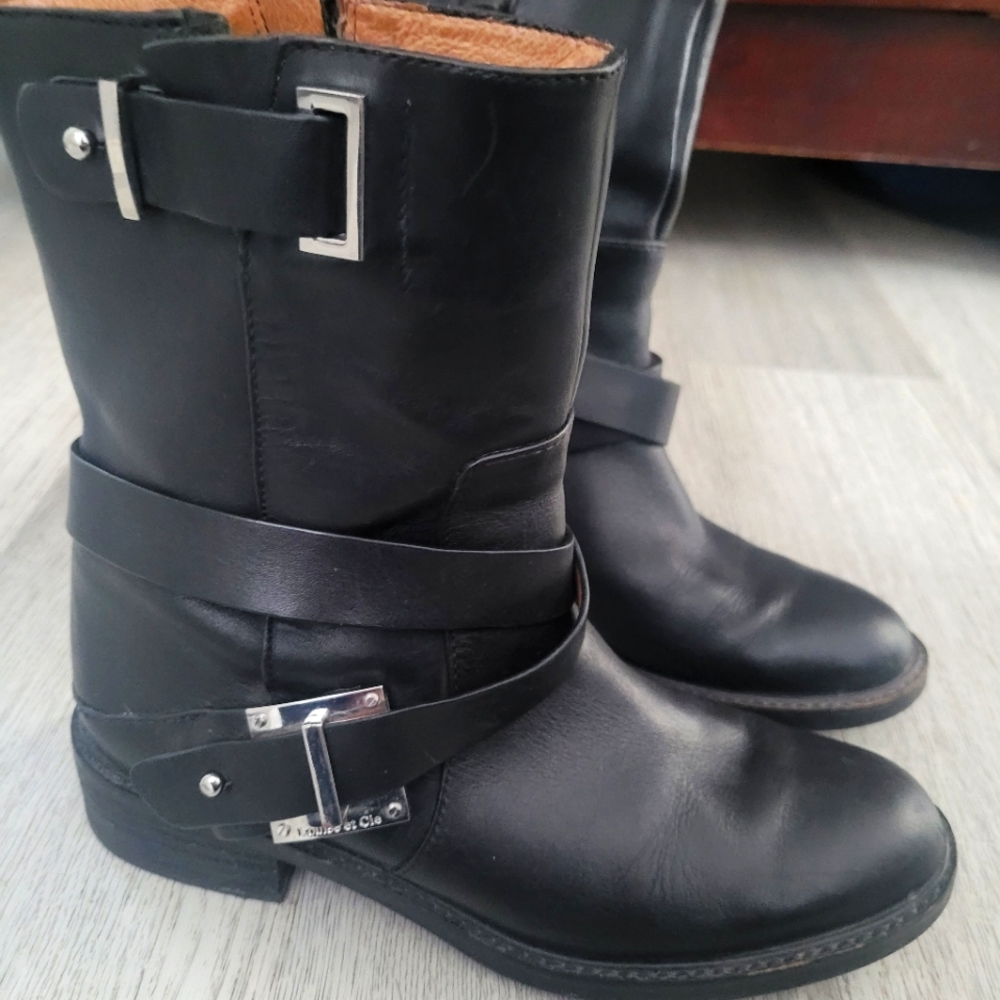 Louise et Cie Black Leather Moto Boots with Wrap Strap and Silver Buckles